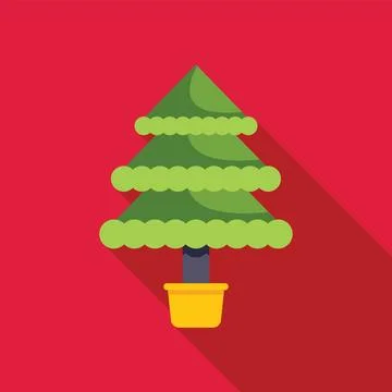 Christmas tree standing in pot with long shadow on red background Stock Illustration