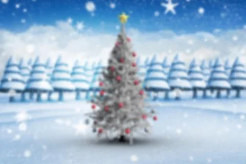 Christmas tree is standing with red baubles and gold star in flat design with Stock Illustration