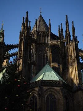 Christmas tree standing tall in front of st. Vitus cathedral in prague Stock Photos