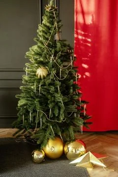 The Christmas tree stands on a red background. Stock Photos