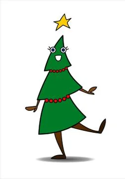 Christmas Tree With A Star. Dancing Smiling Tree With Eyes, Arms And Legs. Ca Stock Illustration