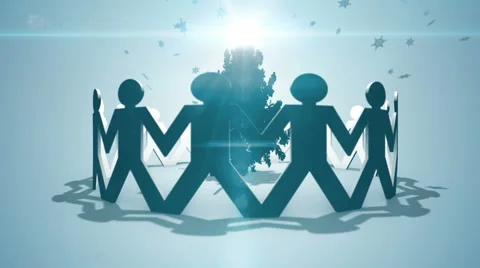 Christmas tree surrounded by paper chain people with falling abstract snowflakes Video stock 68631323