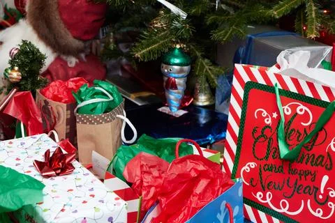 Christmas tree surrounded by presents Stock Photos