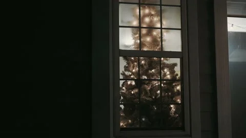 A Christmas tree through a window shot from outside of a home in the winter Stock Footage 226146497