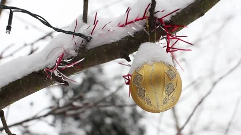Christmas tree toy and a piece of garland on a tree branch in winter Vídeos de archivo 59306102