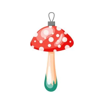 Christmas tree toy in shape of fly agaric on rope. Cartoon style. Vector Stock Illustration