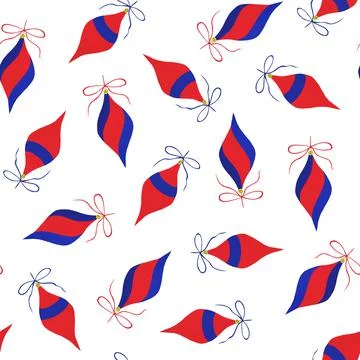 Christmas tree toys. Seamless pattern. Red and blue decorations, design eleme Stock Illustration