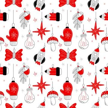 Christmas tree toys seamless pattern. Decorative doodle elements, holiday xmas Illustrazione stock