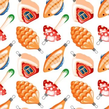 Christmas tree toys seamless pattern in cartoon style. New Year glass balls in Stock Illustration