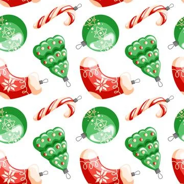 Christmas tree toys seamless pattern in cartoon style. Christmas sock, tree 스톡 일러스트
