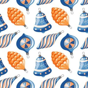 Christmas tree toys seamless pattern in cartoon style. New Year glass balls in Stock Illustration