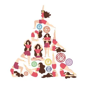 Christmas tree, triangle made of Chakra symbols and yoga poses made by woman. Stock Illustration