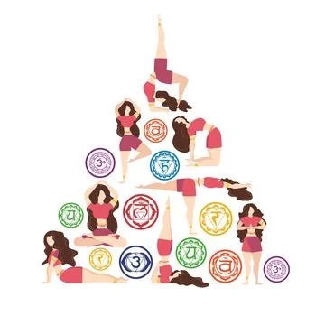Christmas tree, triangle made of Chakra symbols and yoga poses made by woman. Stock Illustration
