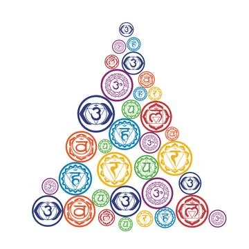 Christmas tree, triangle made of Chakra symbols and yoga poses made by woman Stock Illustration