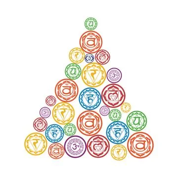 Christmas tree, triangle made of Chakra symbols and yoga poses made by woman Stock Illustration