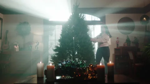 Christmas Tree Trimming And Set Up 4K 48FPS SLO-MO Stock Footage 144295357