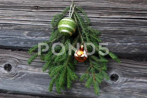 Christmas tree twig and decorations Stock Photos
