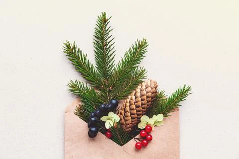 Christmas tree twig in envelope, zero waste diy christmas decoration design,  Stock Photos