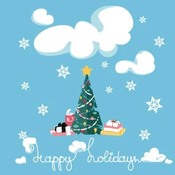 Christmas Tree under Snow Cloud on Blue Background Stock Illustration