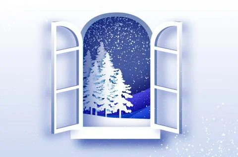 Christmas tree, under the snowfall. Merry Christmas greetings card in paper cut Stock Illustration