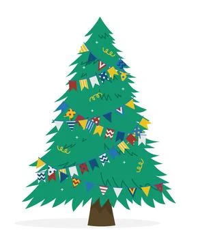 Christmas tree vector illustration. Festive fir tree decorated with paper gar Stock Illustration