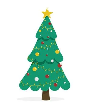 Christmas tree vector illustration in flat style. Festive fir tree decorated Stock Illustration