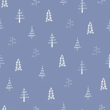 Christmas tree vector seamless, repeat pattern. White tree, blue background. Illustrazione stock
