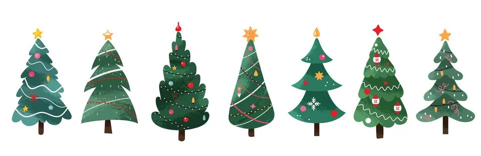 Christmas tree vector set with colorful ornaments, stars, garlands. Textured Stock Illustration