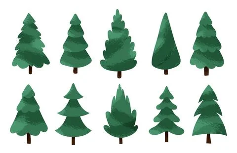 Christmas tree vector set with green textured pine and fir trees. Minimalist Stock Illustration