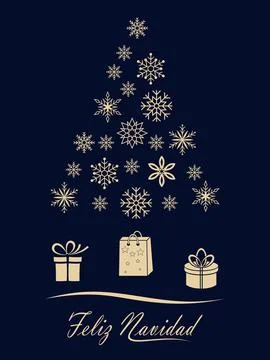 Christmas tree vector with snowflakes, gift and spanish christmas greetings. Stock Illustration