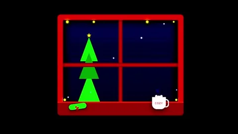 Christmas Tree viewed through window with falling snow during twilight fest.. Stock Footage 345320365