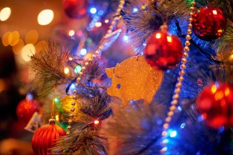 Christmas tree in warm light interior Stock Photos