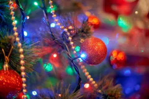 Christmas tree in warm light interior Stock Photos