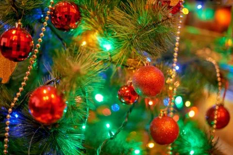 Christmas tree in warm light interior Stock Photos
