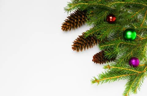 Christmas tree on a white background, tree and cones, toys, balls Stock Photos