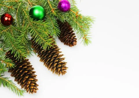 Christmas tree on a white background, tree and cones, toys, balls Stock Photos