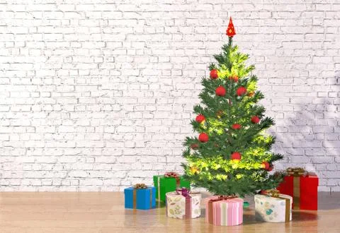 Christmas tree in white room Stock Illustration