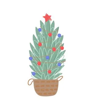 Christmas tree in a wicker basket. Vector illustration in flat style on a white Stock Illustration