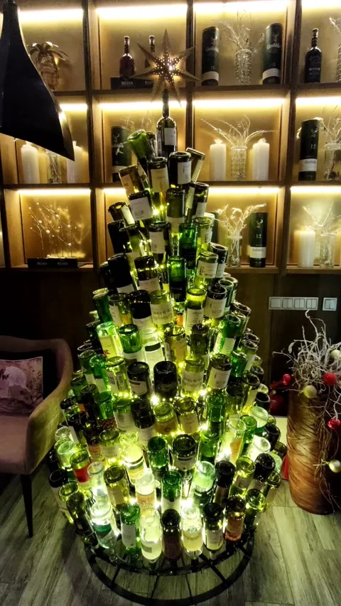 Christmas tree from wine bottles Stock Footage 203959449