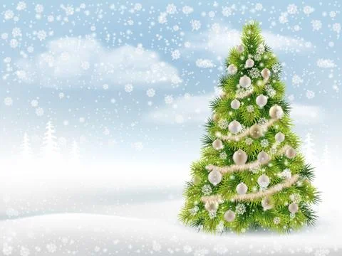 Christmas tree on the winter background. Illustrazione stock