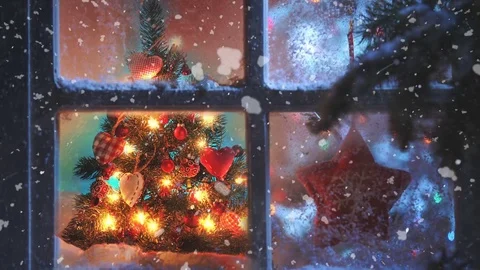 Christmas trees and ornaments. Lantern. Snowfall. Lights. Christmas New year Stock Footage 83614596