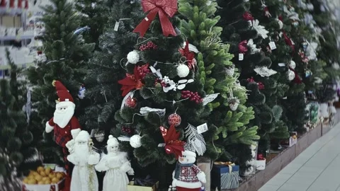 Christmas trees artificial decorated with red bows white balls festive ornaments Stock Footage 341656936