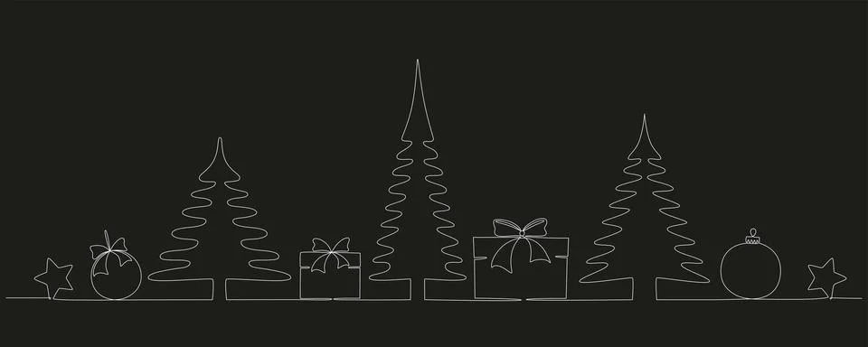 Christmas trees with boxes - hand drawing one single continuous line. Vector 스톡 일러스트
