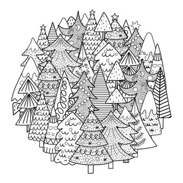 Christmas trees circle shape pattern for coloring book. Black and white print Stock Illustration