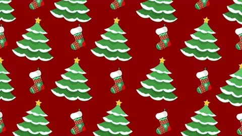 Christmas trees with decorative socks motion pattern on red background. Stock Footage 166228463