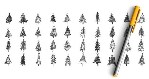 Christmas trees doodle set Stock Illustration