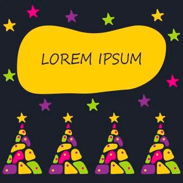 Christmas trees filled with bright abstract figures. Place for text, vector Stock Illustration