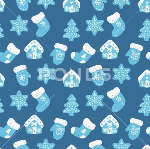 Christmas trees forest, gloves, socks, houses and snowflakes. Stock Illustration