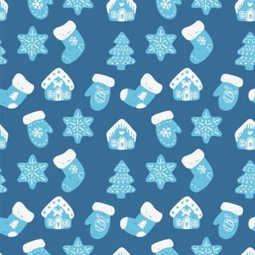 Christmas trees forest, gloves, socks, houses and snowflakes. Stock Illustration