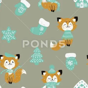 Christmas trees forest, socks. Foxes in a scarf. Stock Illustration